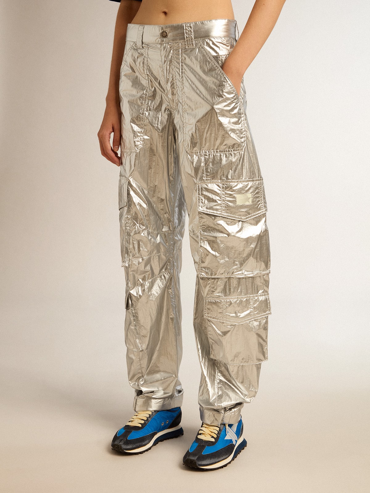 Golden Goose Women’s cargo pants in silver technical fabric