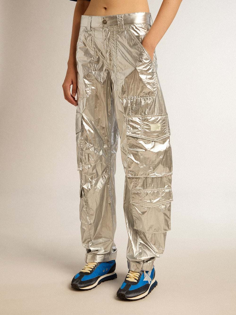 Golden Goose Women’s cargo pants in silver technical fabric
