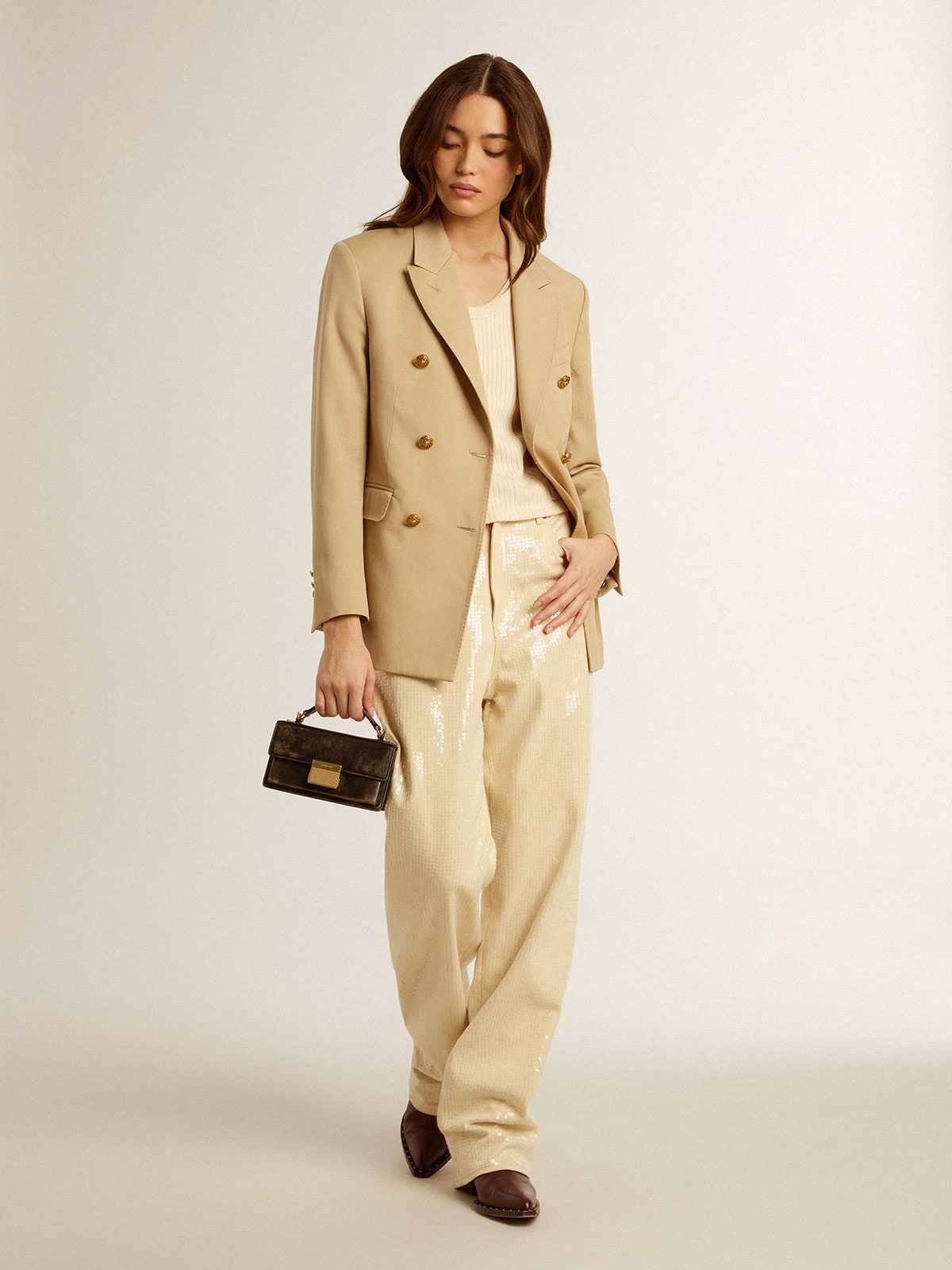 Golden Goose Ecru pants with transparent all-over sequins