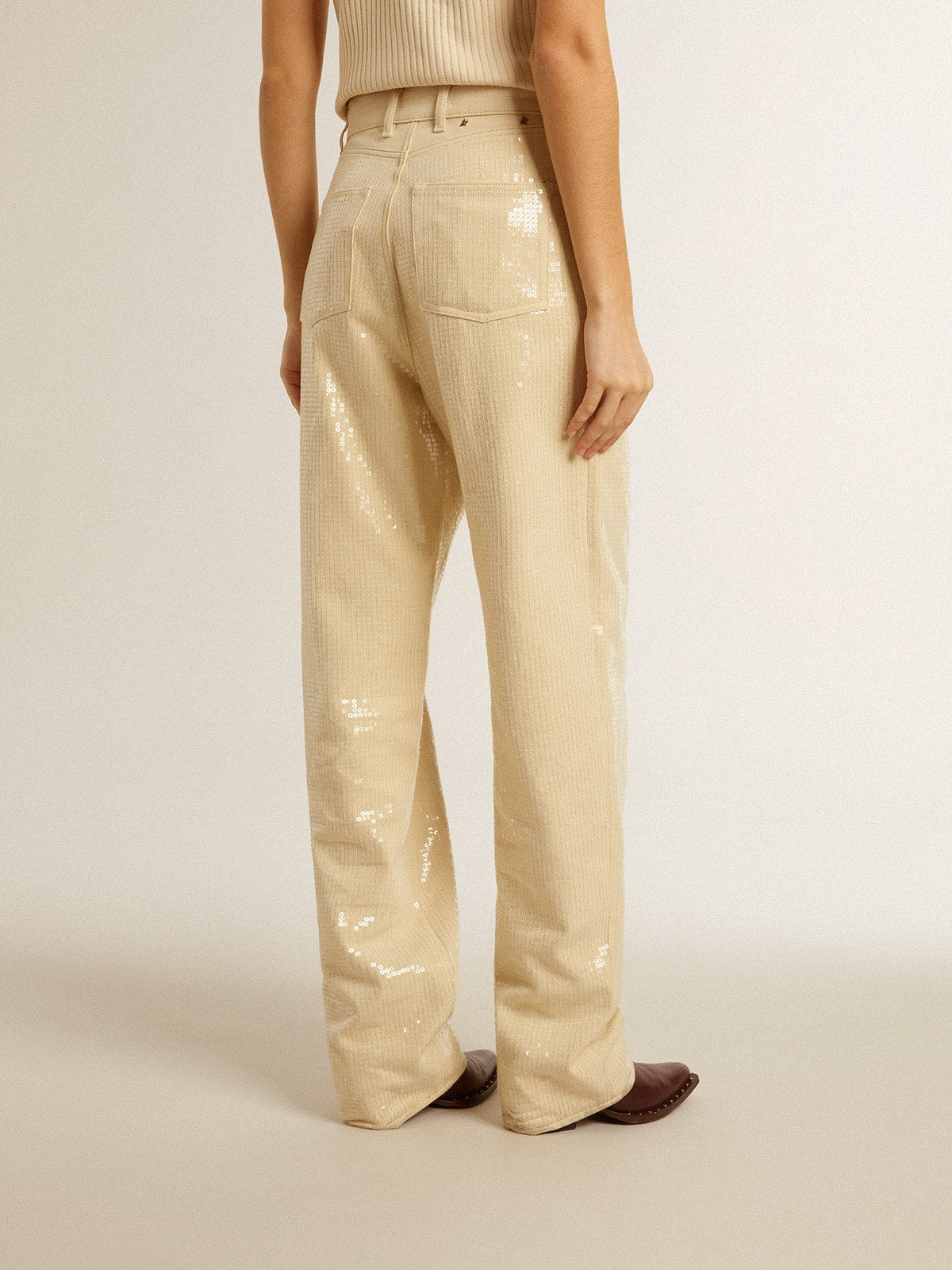 Golden Goose Ecru pants with transparent all-over sequins