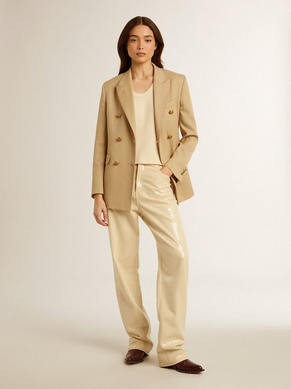 Golden Goose Ecru pants with transparent all-over sequins