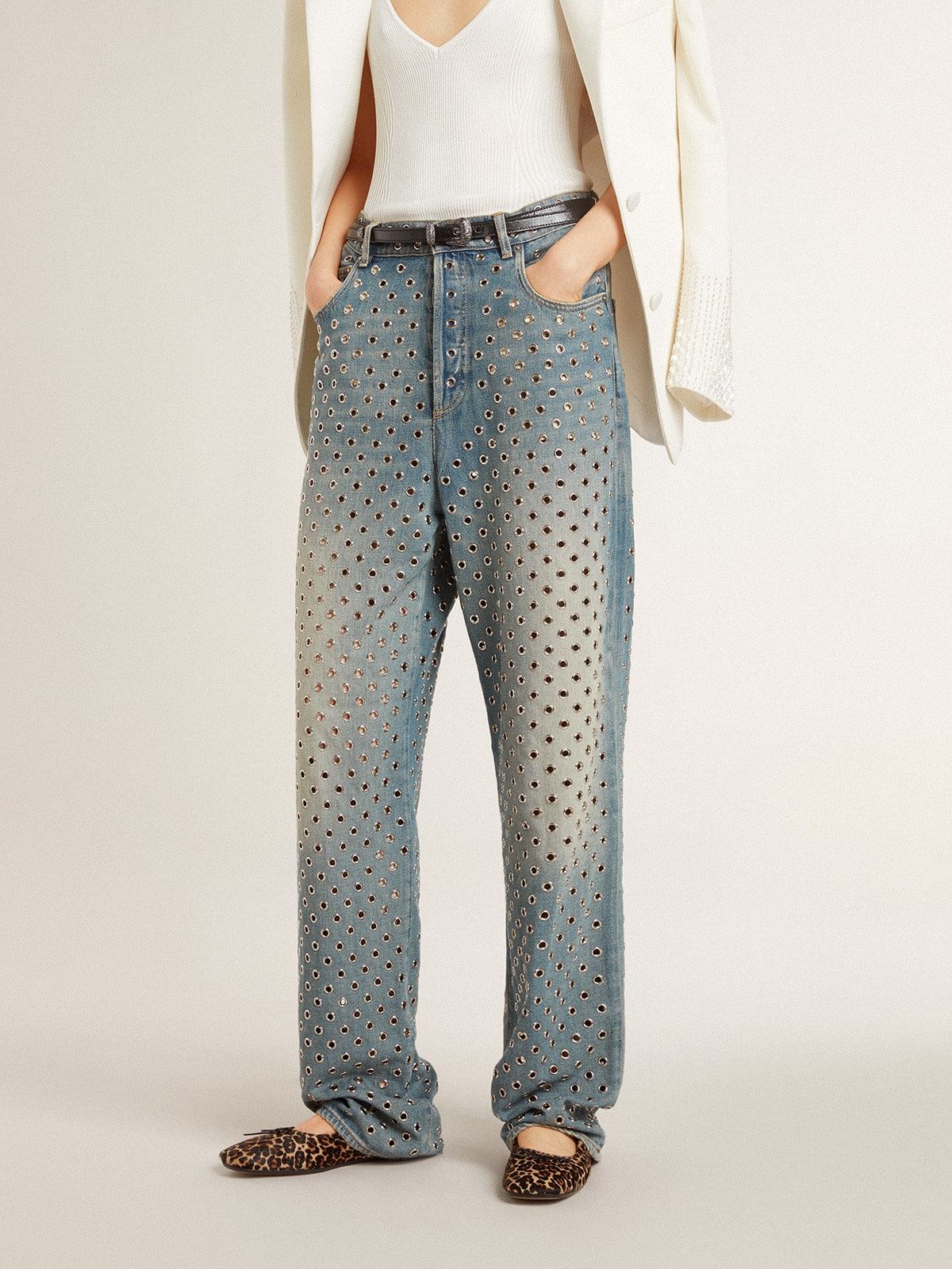 Golden Goose Women's washed jeans with all-over eyelets