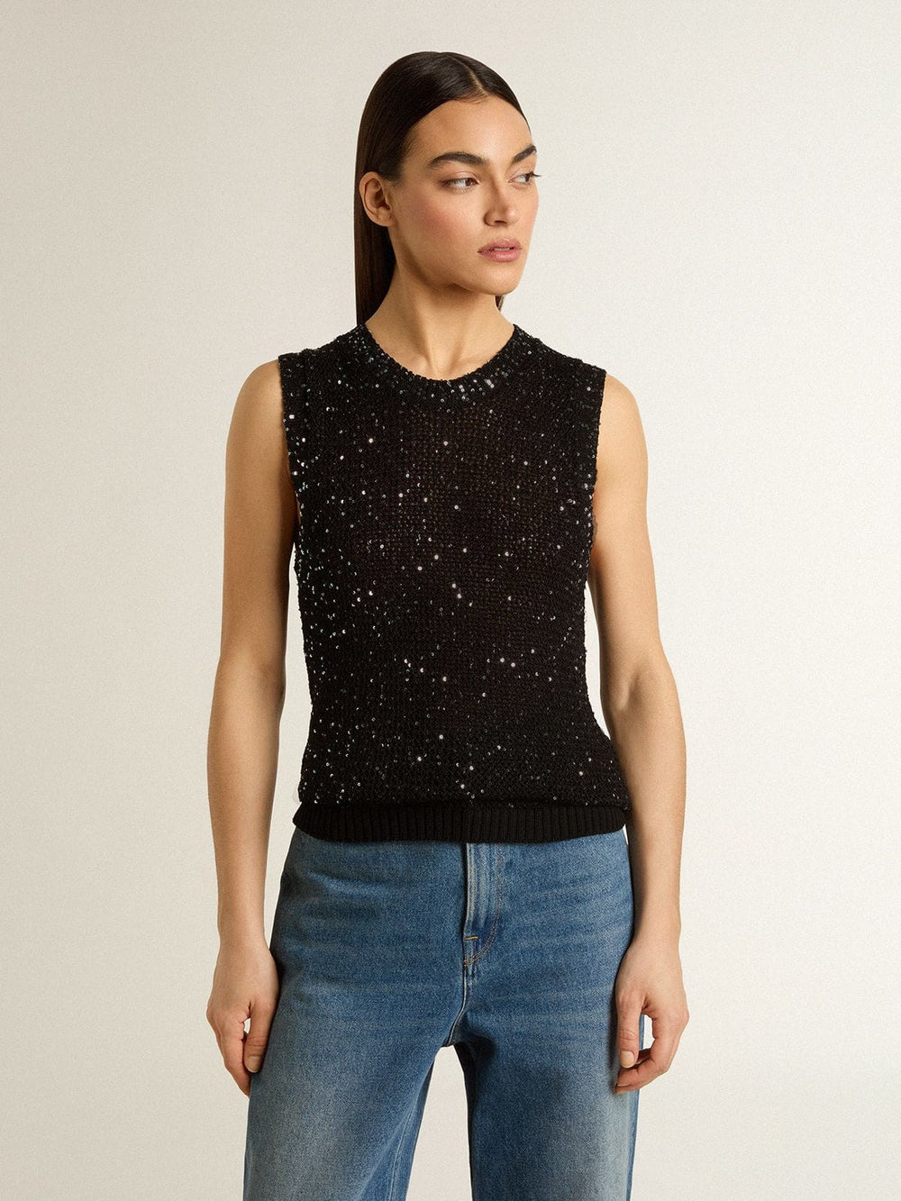Golden Goose Black mesh knit top with sequins and contrasting details
