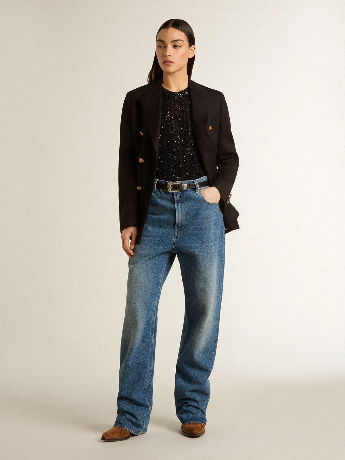 Golden Goose Black mesh knit top with sequins and contrasting details
