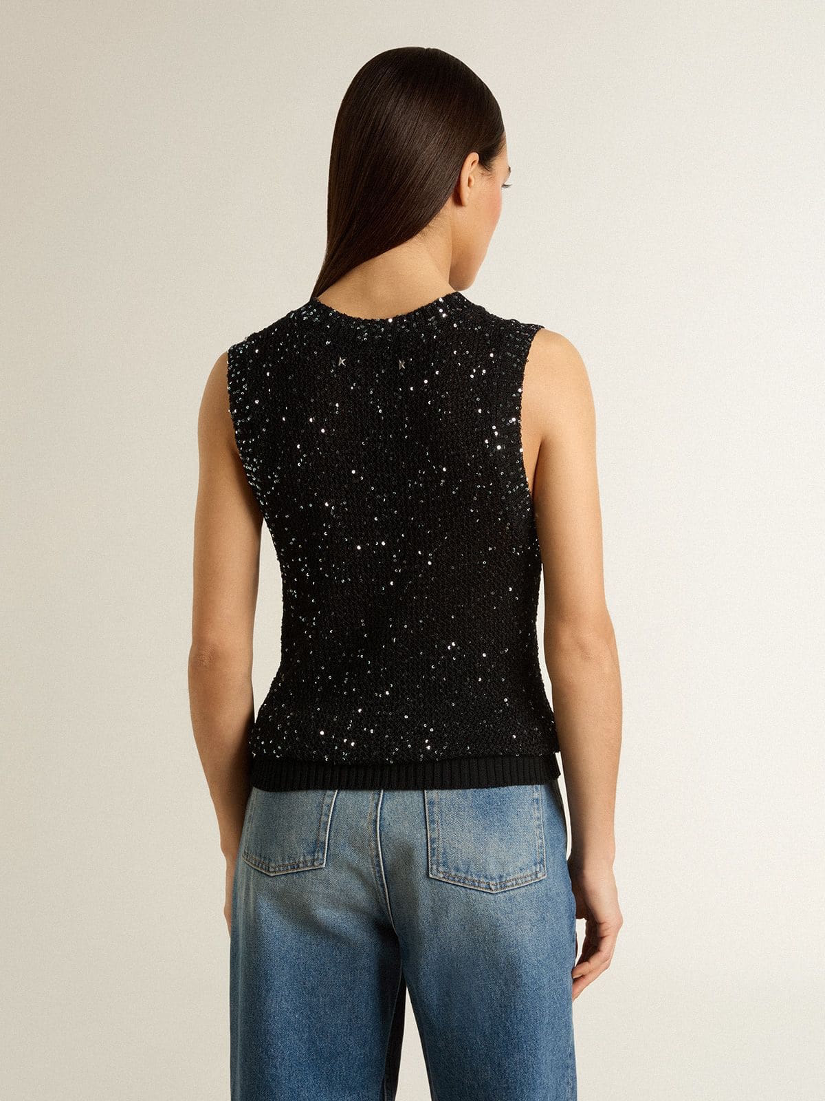 Golden Goose Black mesh knit top with sequins and contrasting details