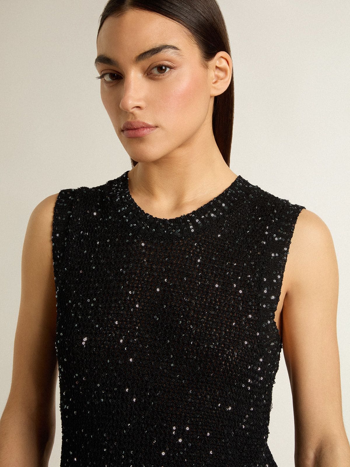 Golden Goose Black mesh knit top with sequins and contrasting details