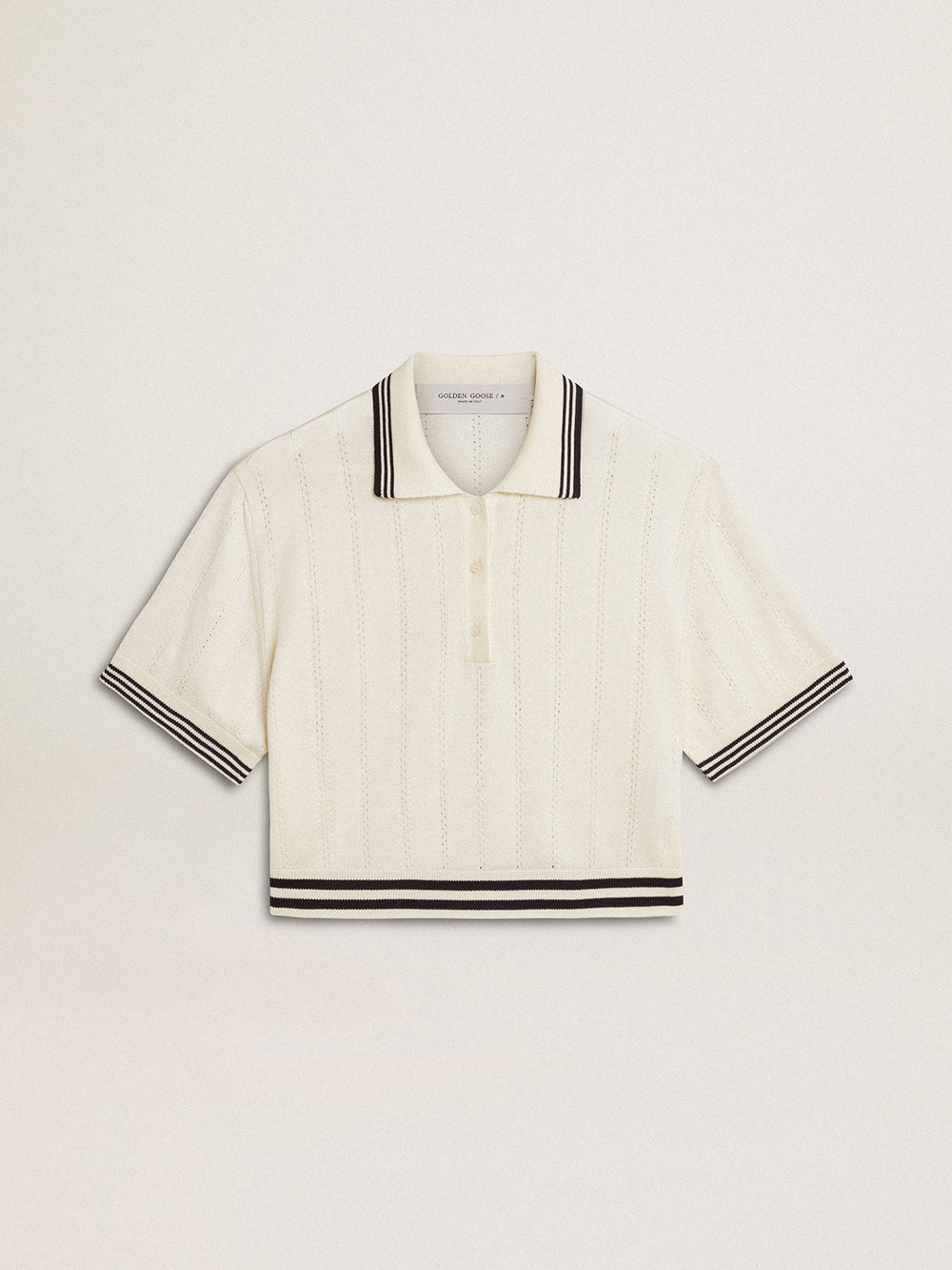 Golden Goose Women's cropped worn-white cotton polo shirt with blue ribbing