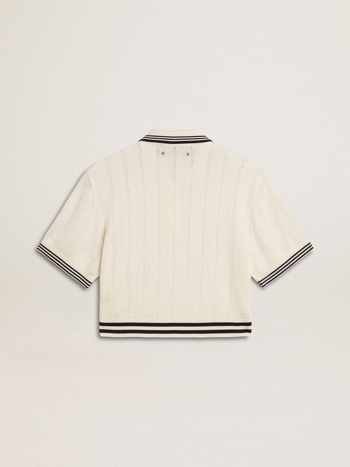 Golden Goose Women's cropped worn-white cotton polo shirt with blue ribbing