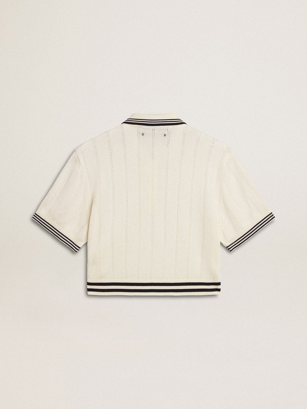 Golden Goose Women's cropped worn-white cotton polo shirt with blue ribbing