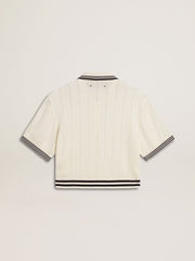 Golden Goose Women's cropped worn-white cotton polo shirt with blue ribbing
