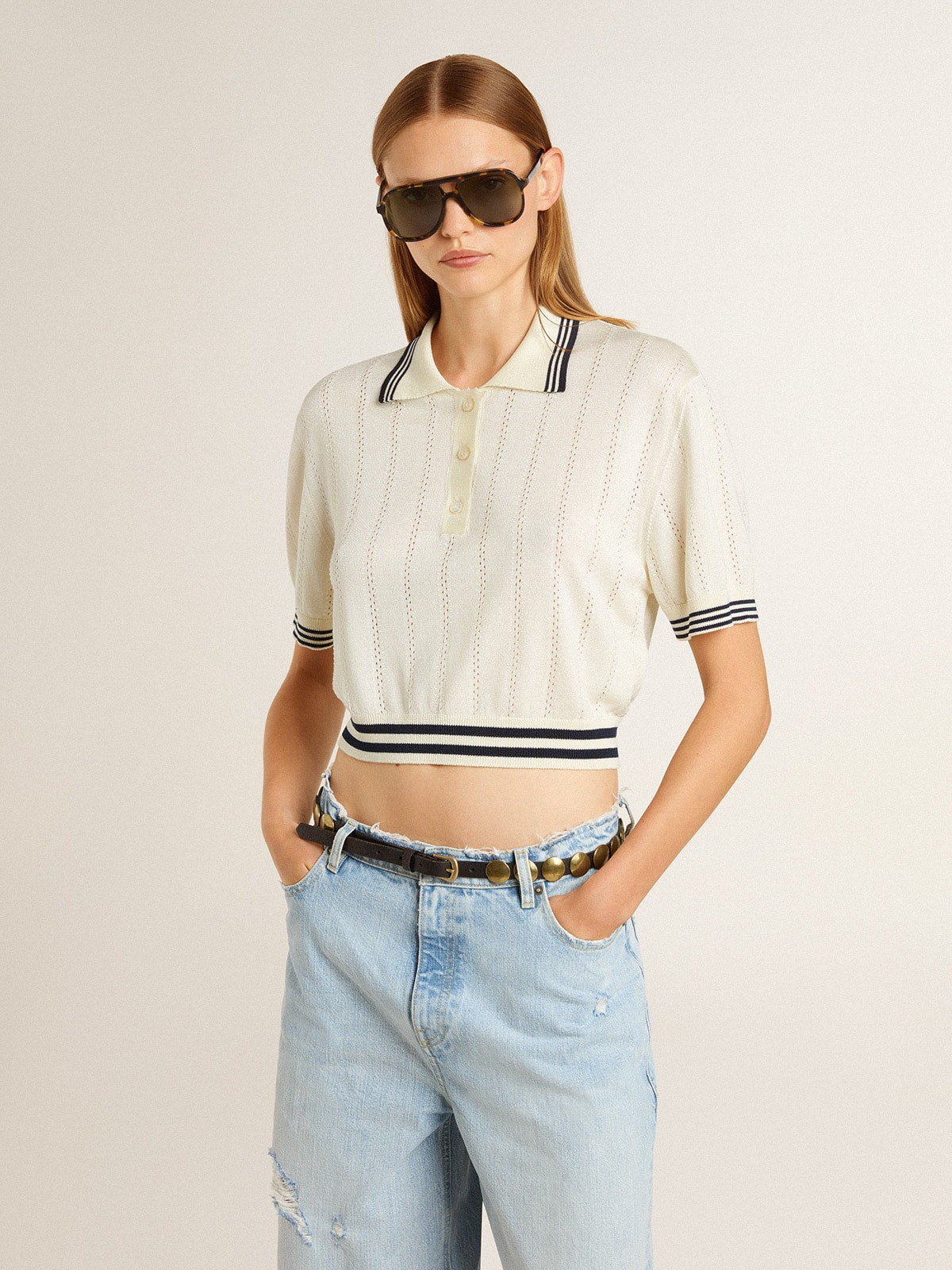 Golden Goose Women's cropped worn-white cotton polo shirt with blue ribbing