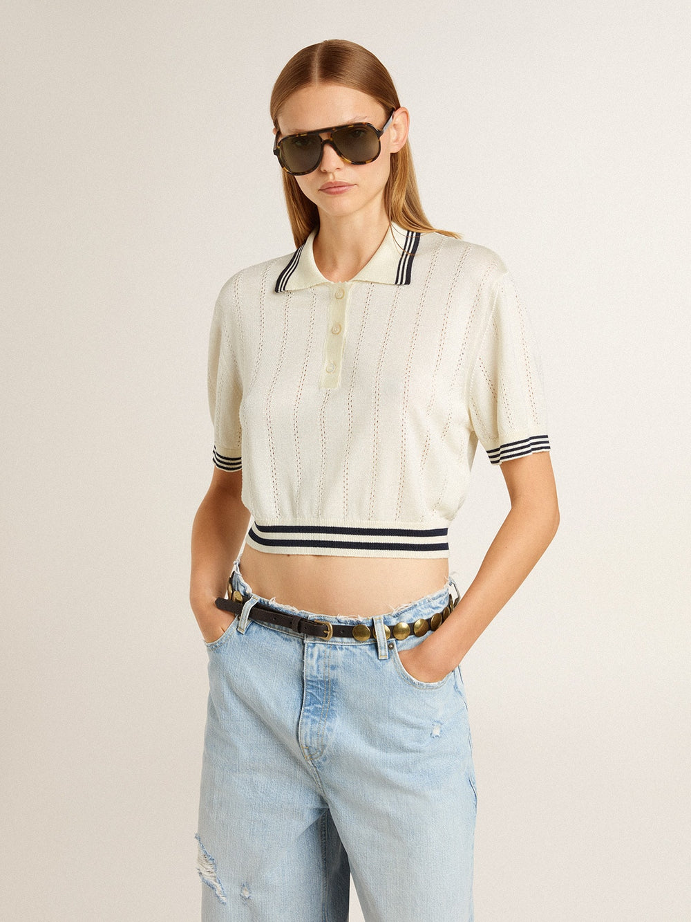 Golden Goose Women's cropped worn-white cotton polo shirt with blue ribbing