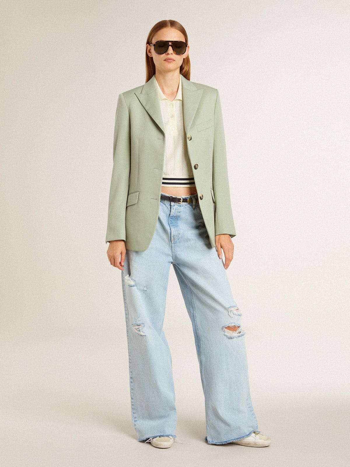 Golden Goose Women's cropped worn-white cotton polo shirt with blue ribbing