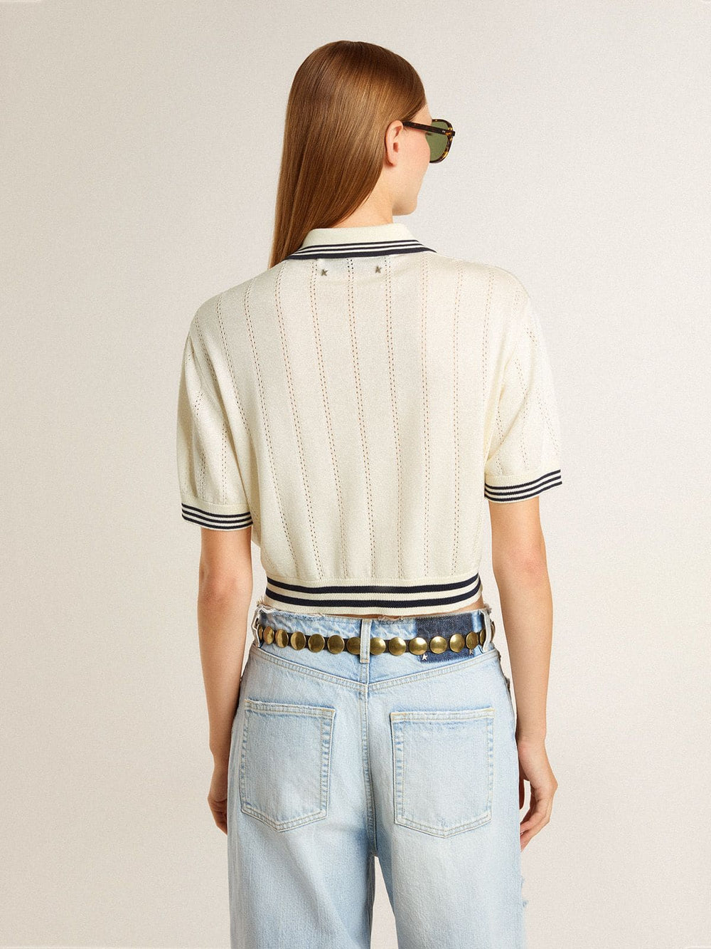 Golden Goose Women's cropped worn-white cotton polo shirt with blue ribbing