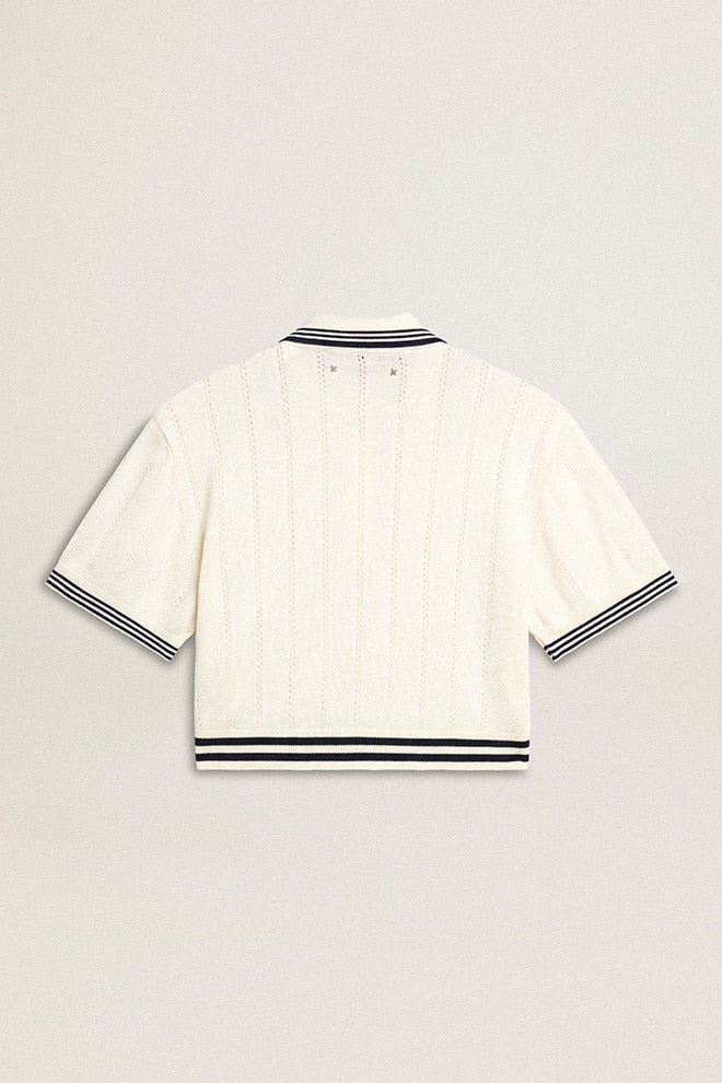 Golden Goose Women's cropped worn-white cotton polo shirt with blue ribbing