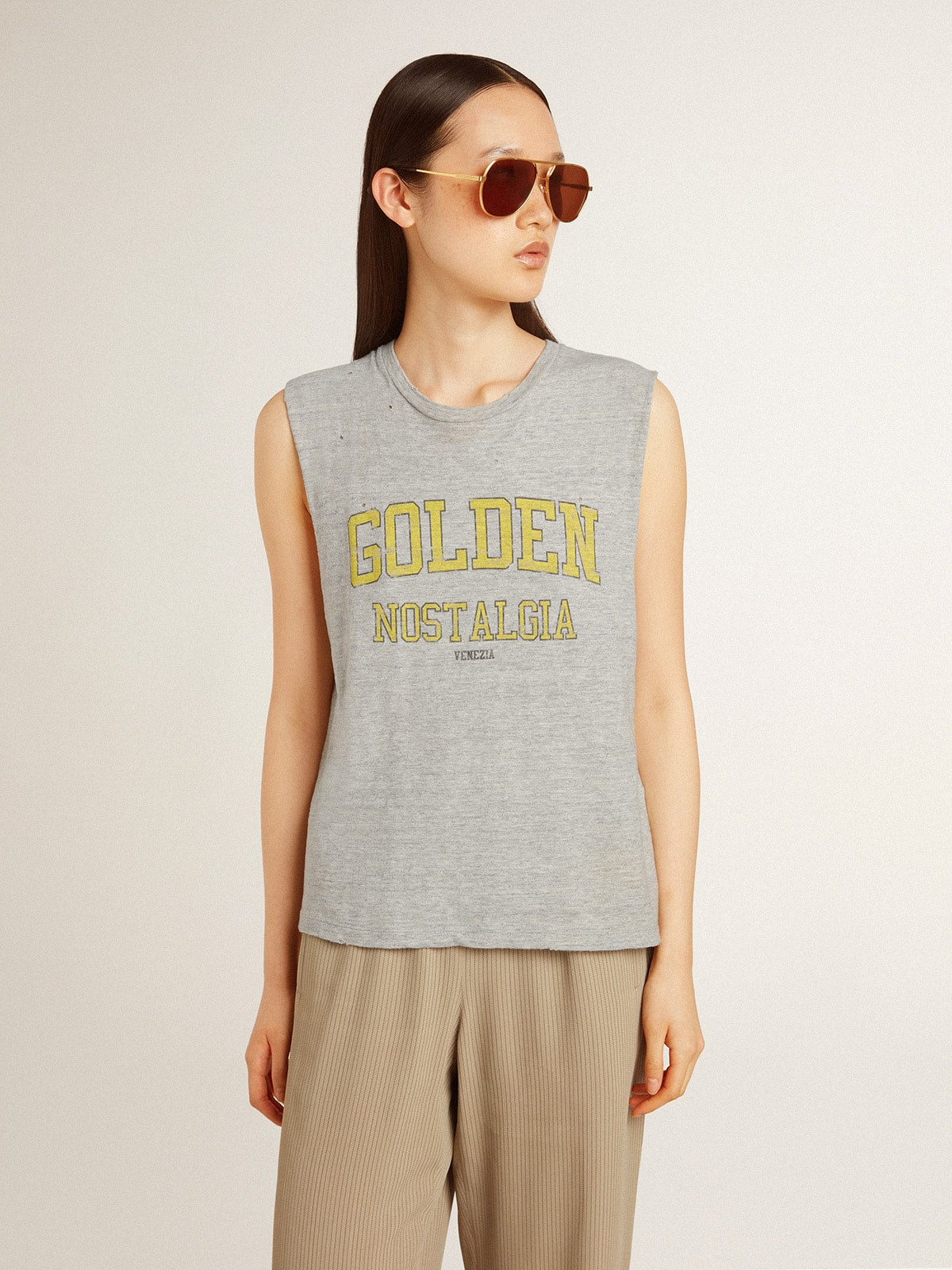 Golden Goose Women's gray sleeveless T-shirt with yellow print