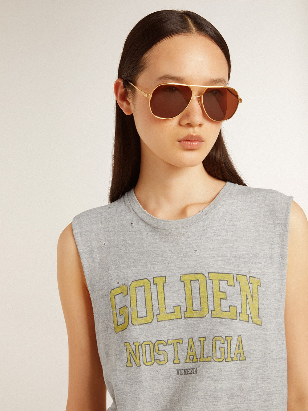 Golden Goose Women's gray sleeveless T-shirt with yellow print