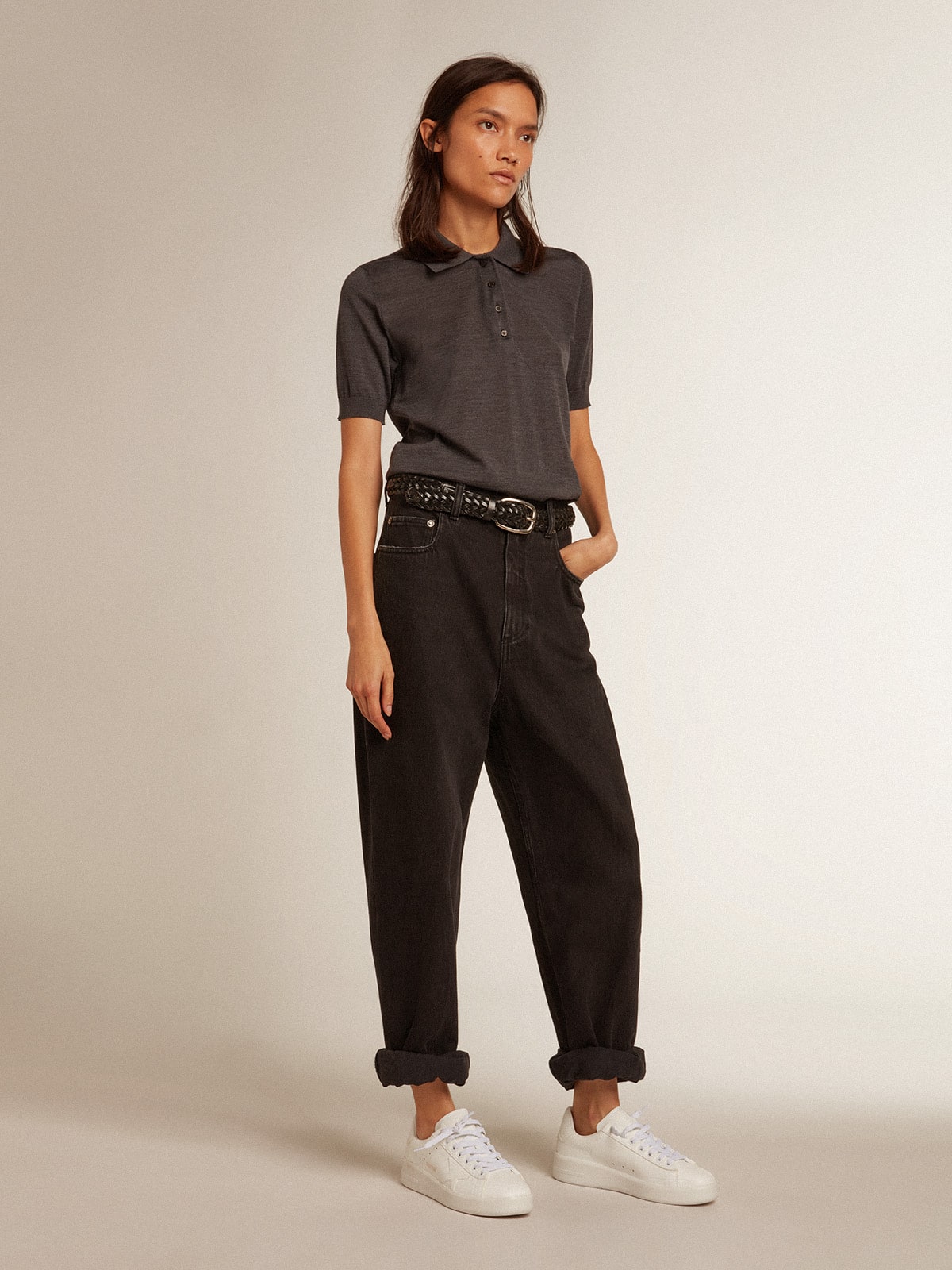Golden Goose Women’s polo shirt in anthracite merino wool