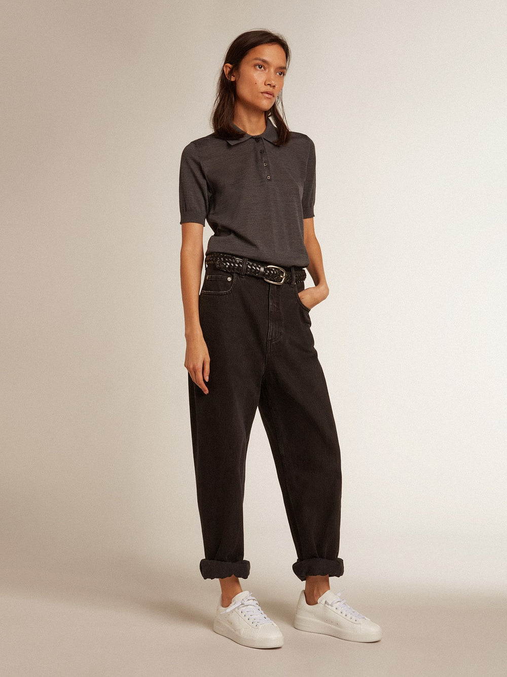 Golden Goose Women’s polo shirt in anthracite merino wool