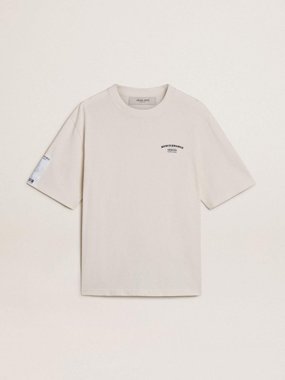Golden Goose White unisex T-shirt with Mediterranean print and Pescheria Golden patch on the sleeve