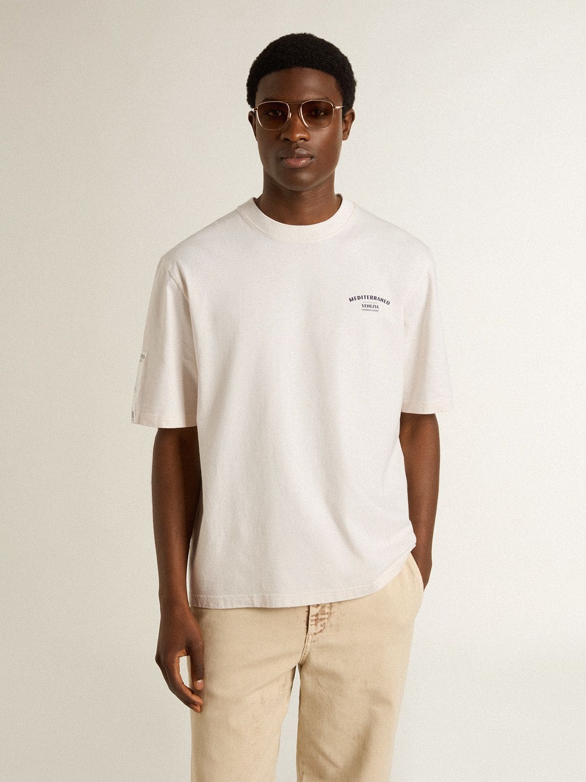 Golden Goose White unisex T-shirt with Mediterranean print and Pescheria Golden patch on the sleeve