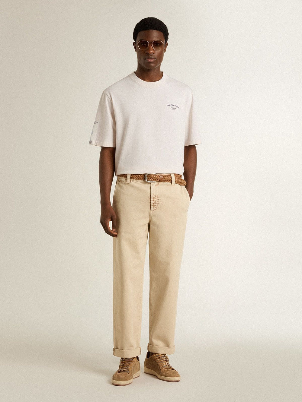 Golden Goose White unisex T-shirt with Mediterranean print and Pescheria Golden patch on the sleeve
