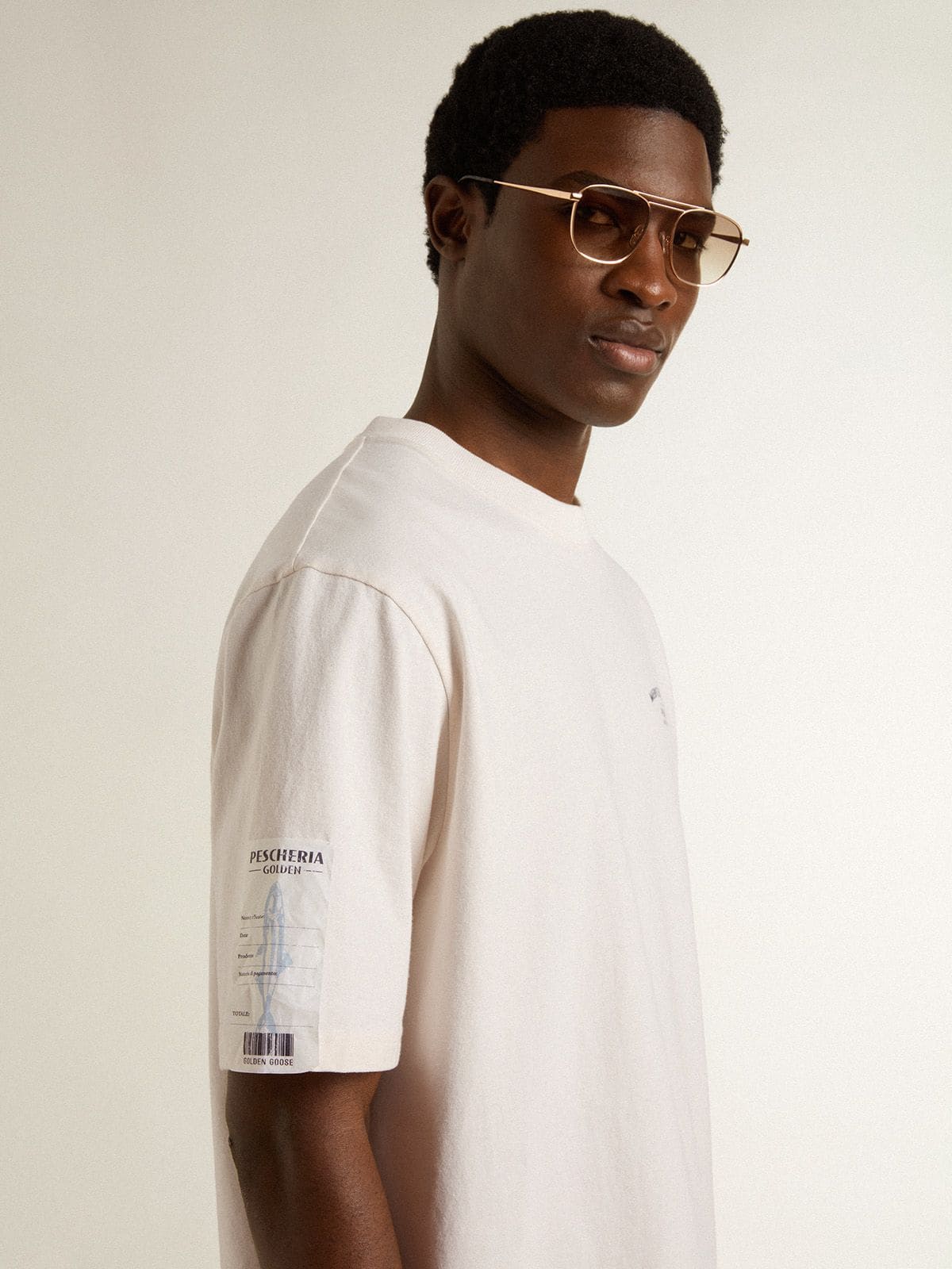 Golden Goose White unisex T-shirt with Mediterranean print and Pescheria Golden patch on the sleeve