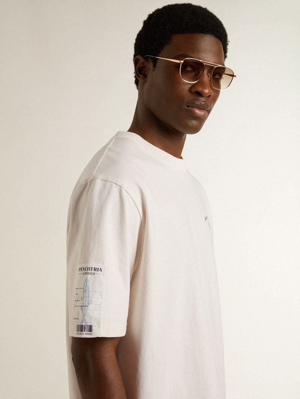 Golden Goose White unisex T-shirt with Mediterranean print and Pescheria Golden patch on the sleeve