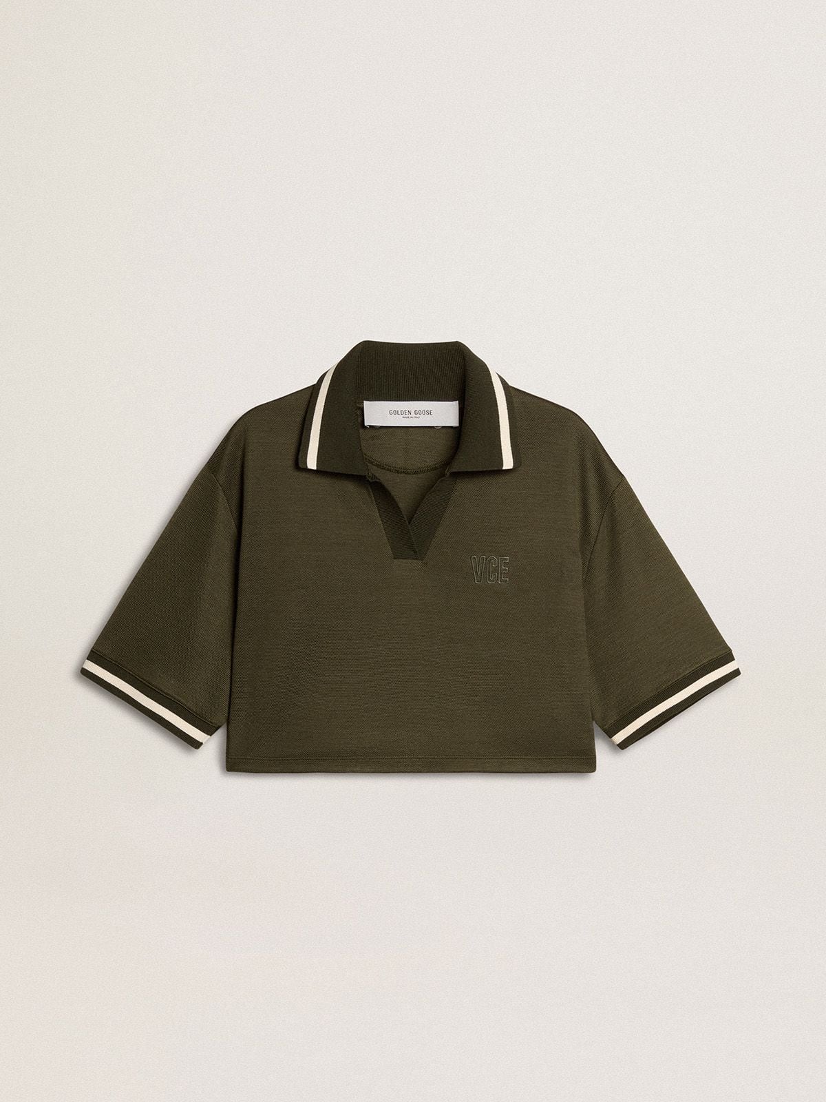 Golden Goose Women's cropped polo in military-green jersey with embroidery