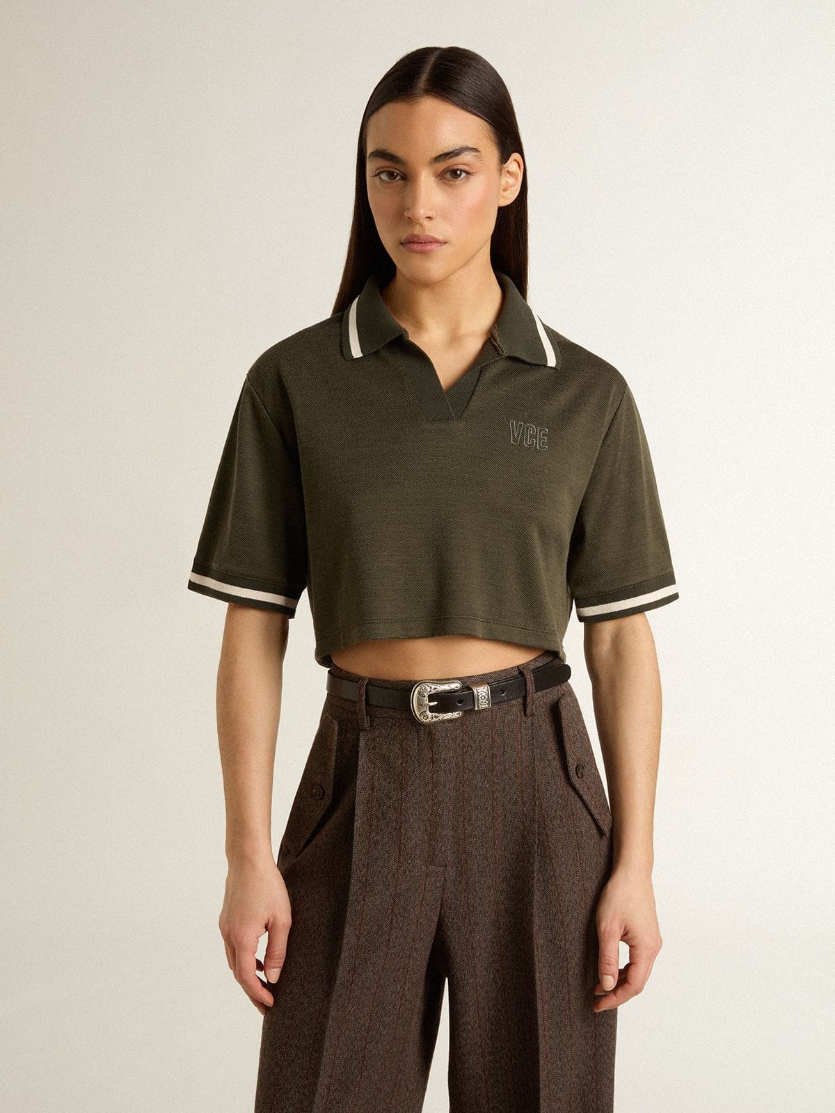 Golden Goose Women's cropped polo in military-green jersey with embroidery