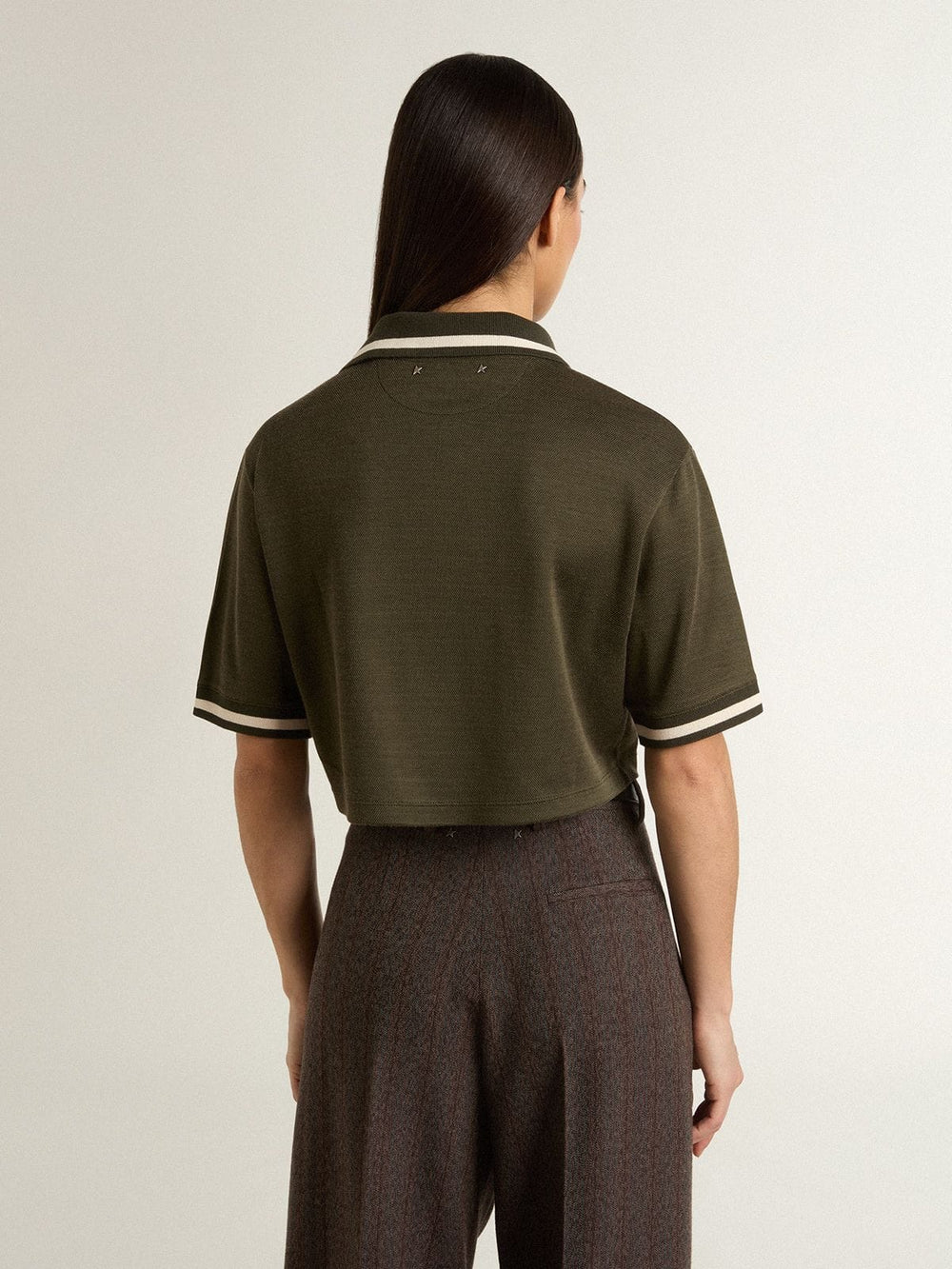 Golden Goose Women's cropped polo in military-green jersey with embroidery