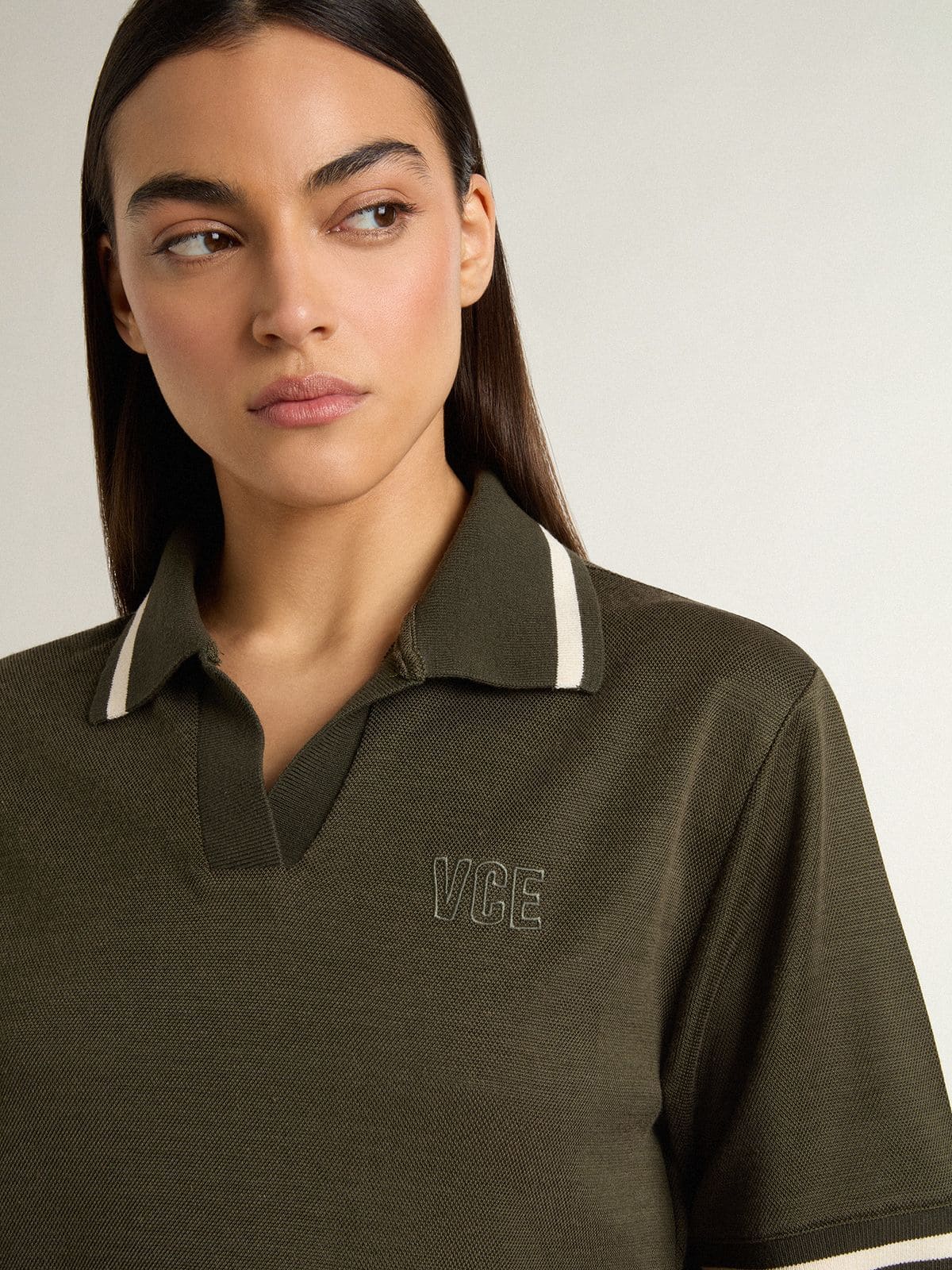 Golden Goose Women's cropped polo in military-green jersey with embroidery