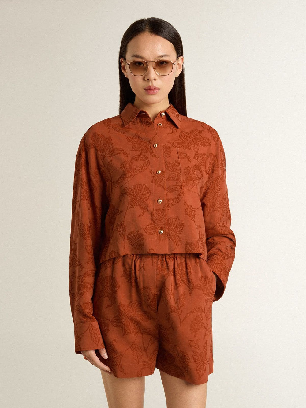 Golden Goose Women's cropped shirt in brick red jacquard with wide sleeves