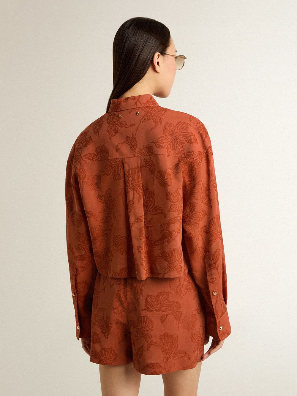 Golden Goose Women's cropped shirt in brick red jacquard with wide sleeves