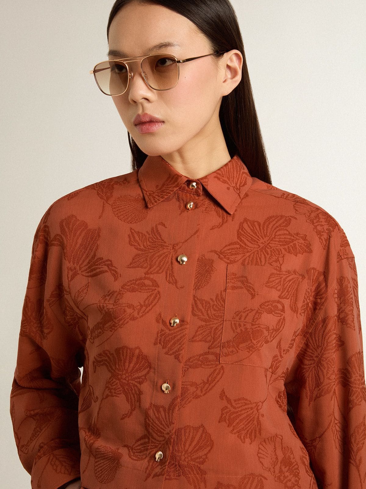 Golden Goose Women's cropped shirt in brick red jacquard with wide sleeves