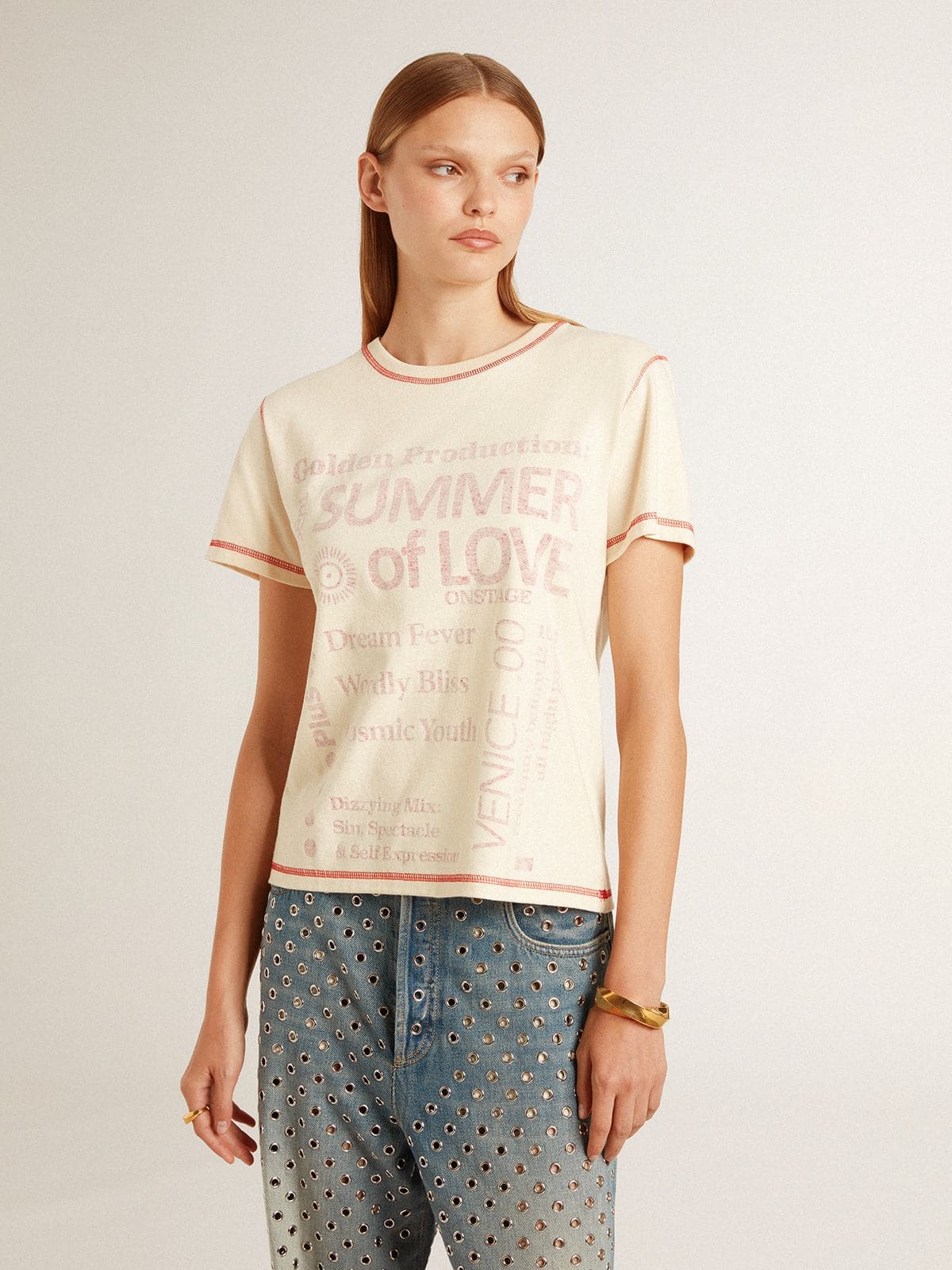 Golden Goose Women's cream T-shirt with faded red accents