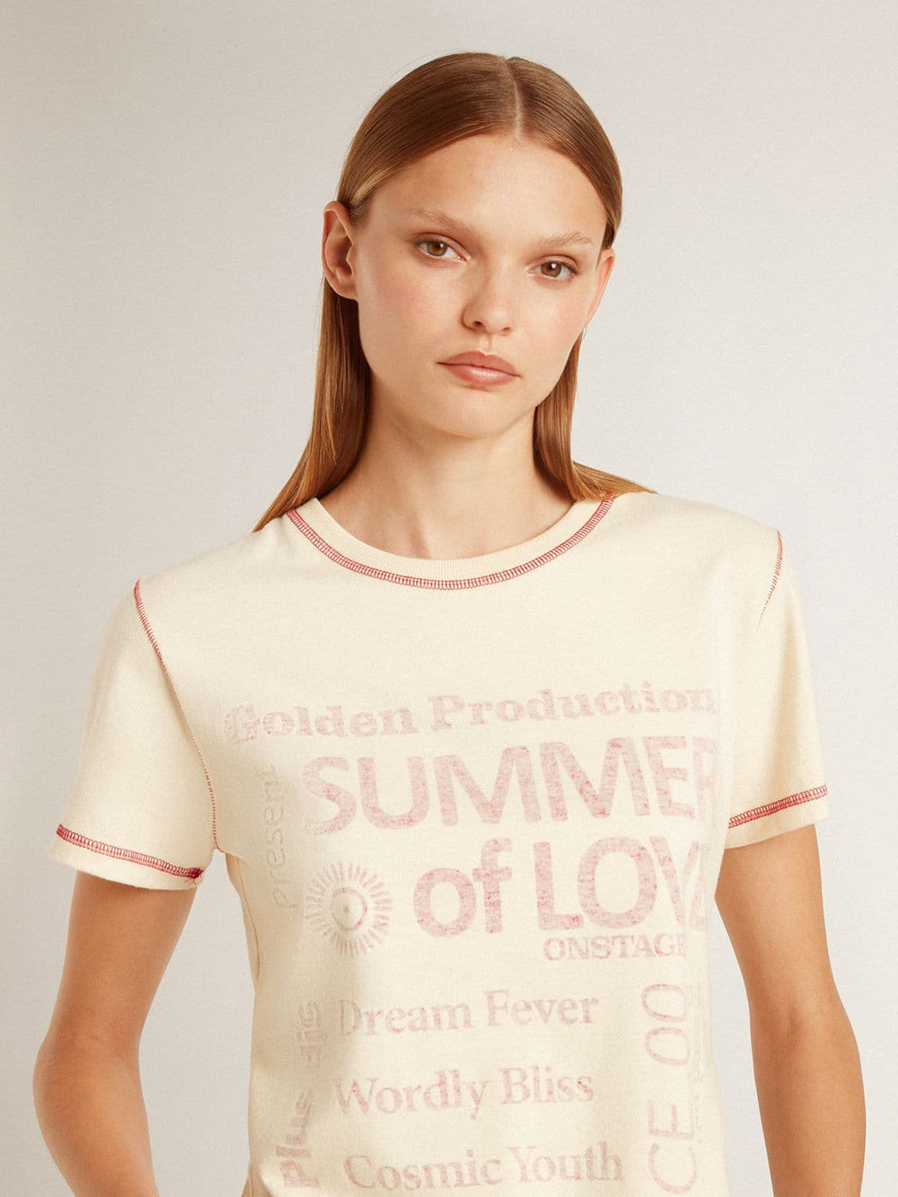 Golden Goose Women's cream T-shirt with faded red accents