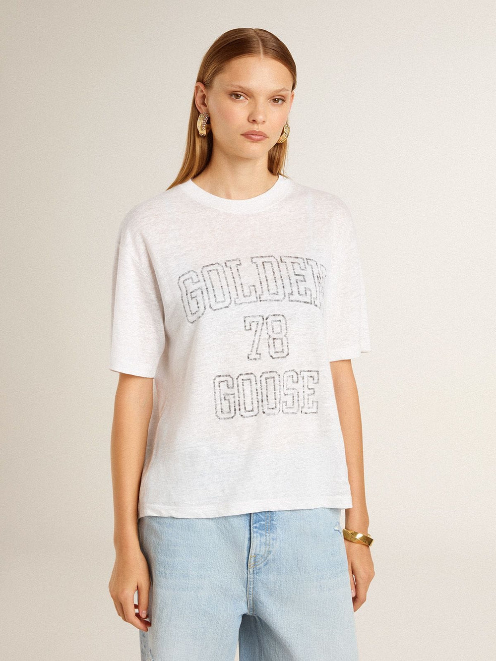 Golden Goose Women's lightweight white linen T-shirt with print