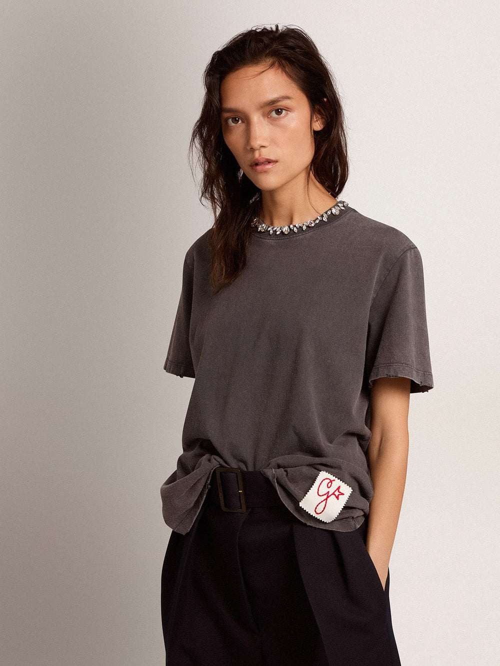 Golden Goose Women's anthracite gray T-shirt with crystals