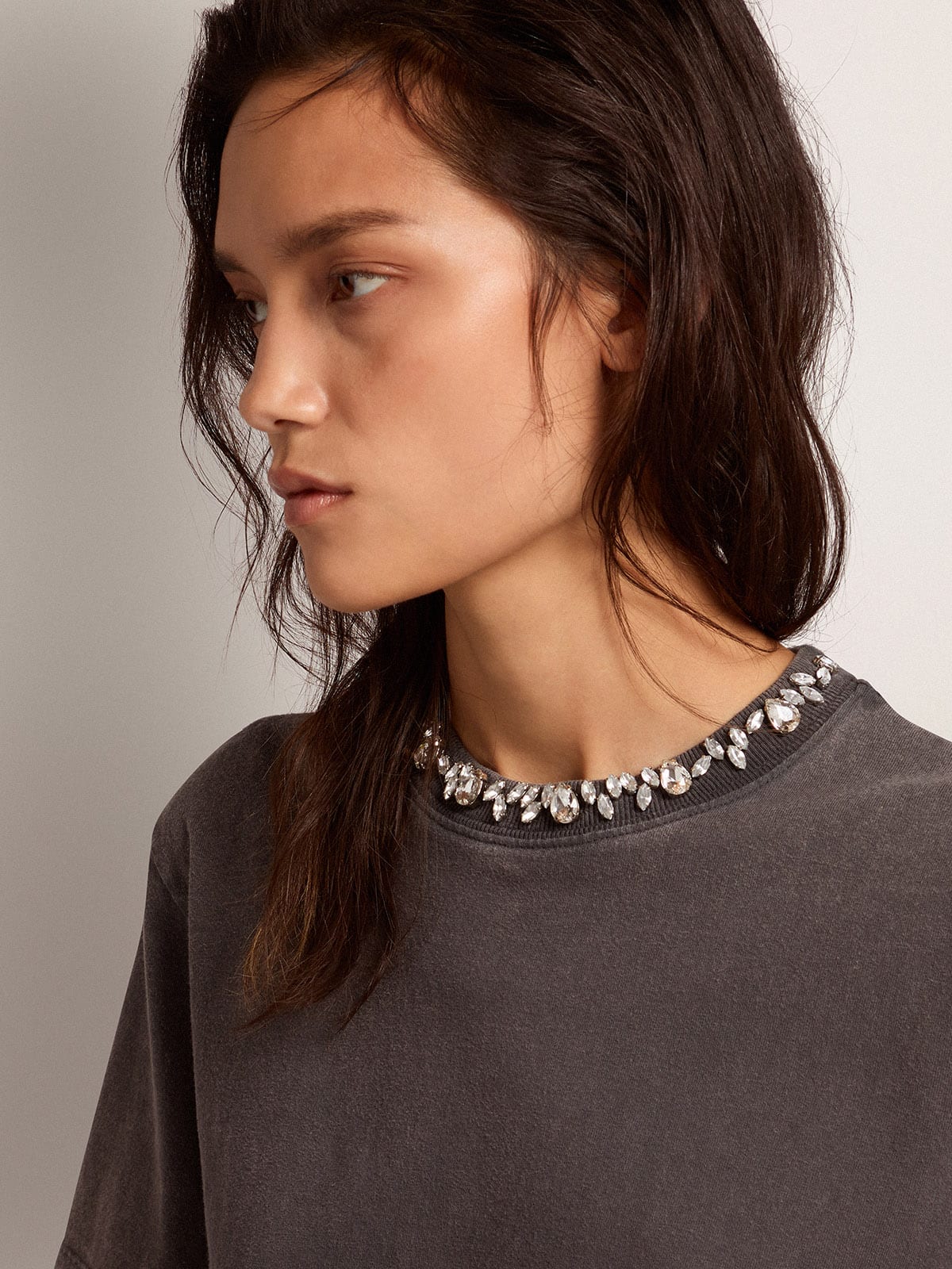 Golden Goose Women's anthracite gray T-shirt with crystals