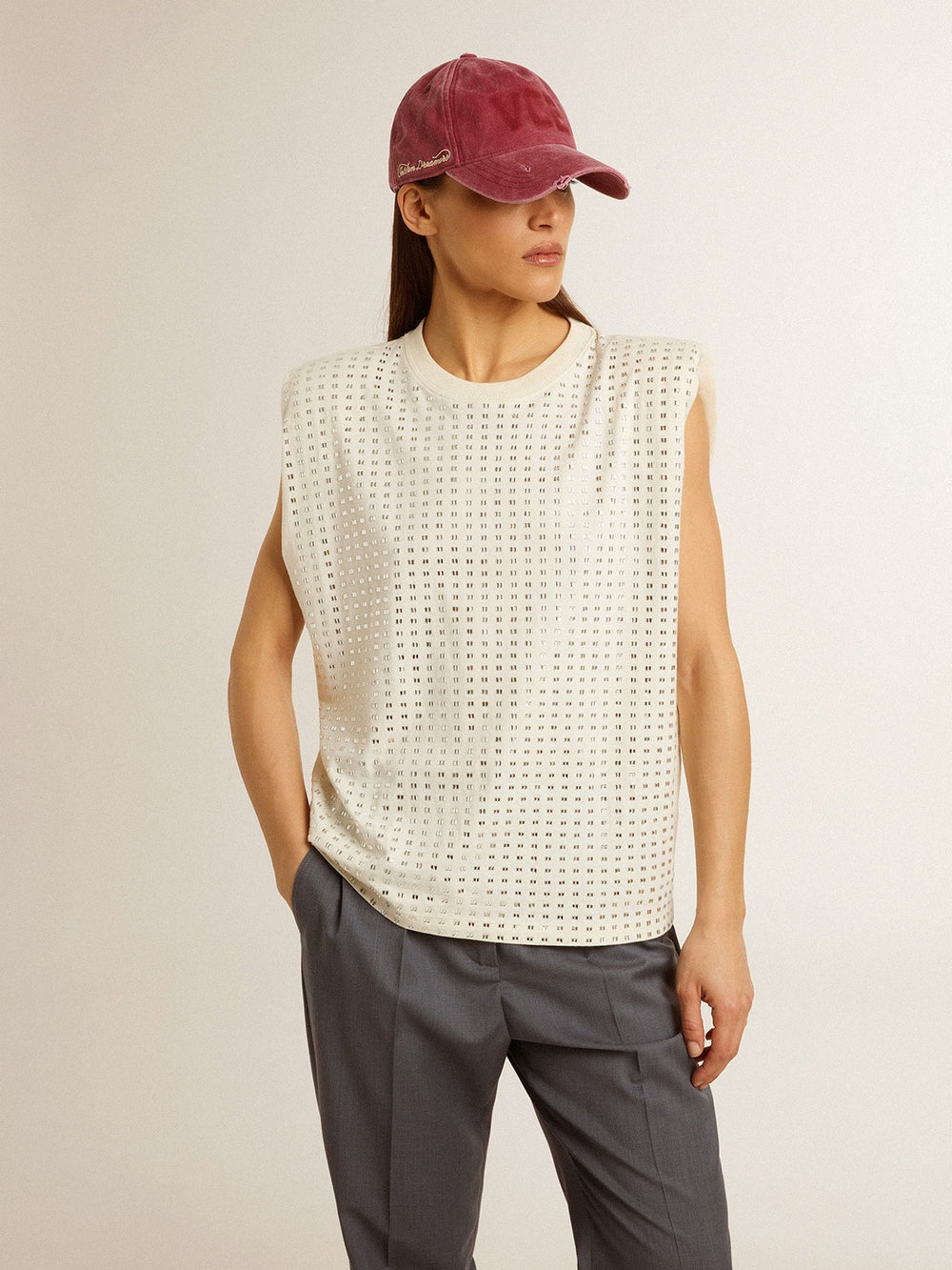 Golden Goose Aged white sleeveless T-shirt embellished with crystals