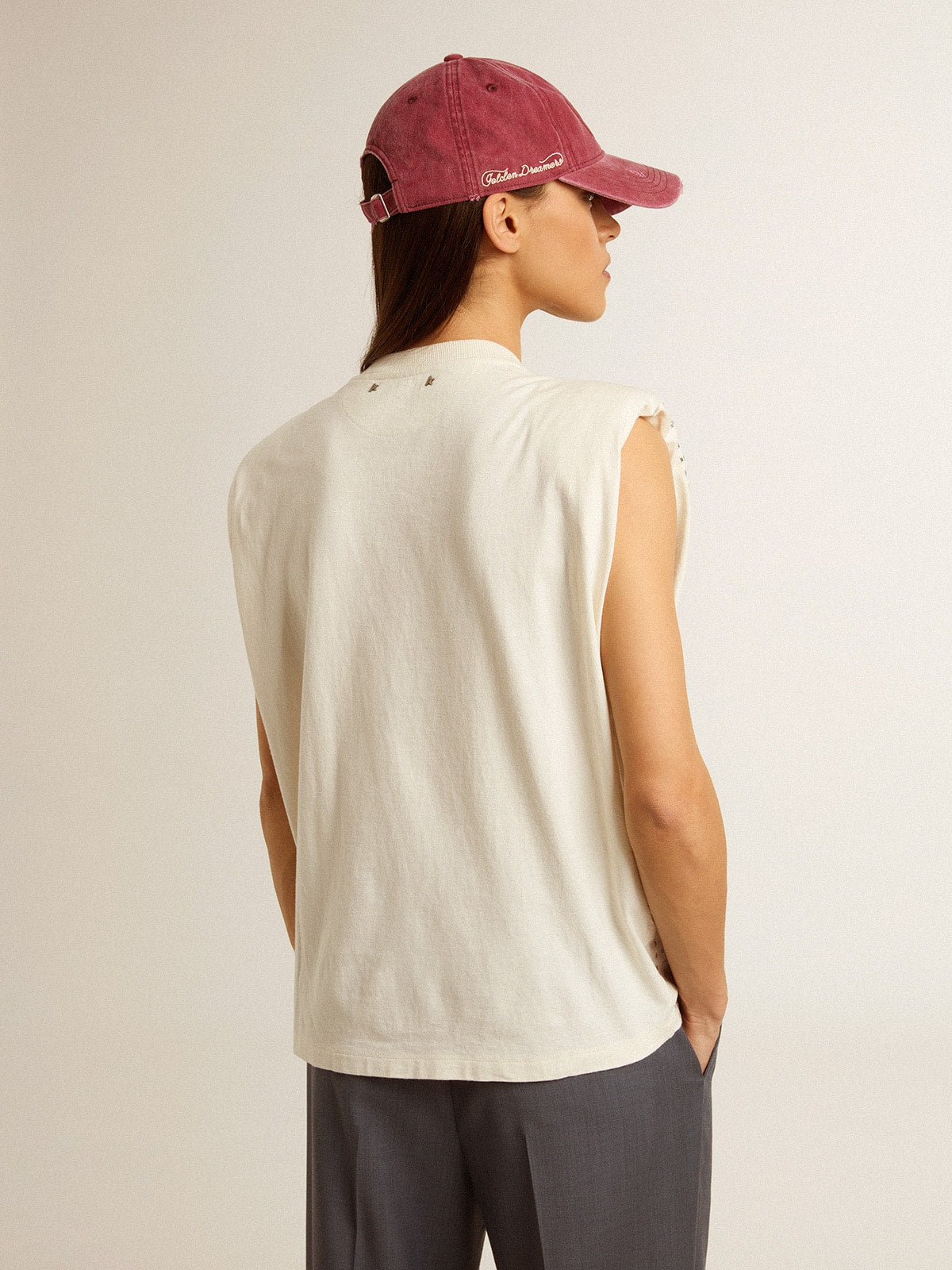 Golden Goose Aged white sleeveless T-shirt embellished with crystals