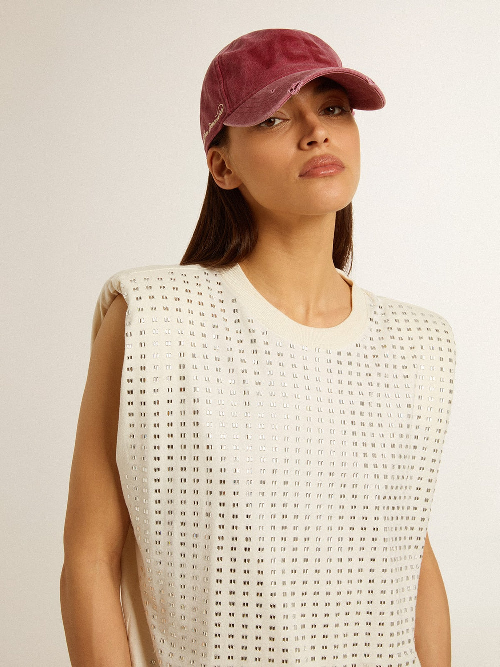 Golden Goose Aged white sleeveless T-shirt embellished with crystals