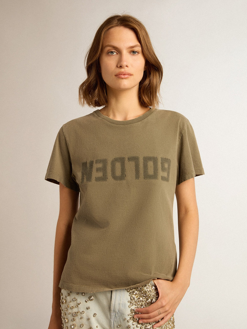Golden Goose Women's olive green T-shirt with Golden lettering