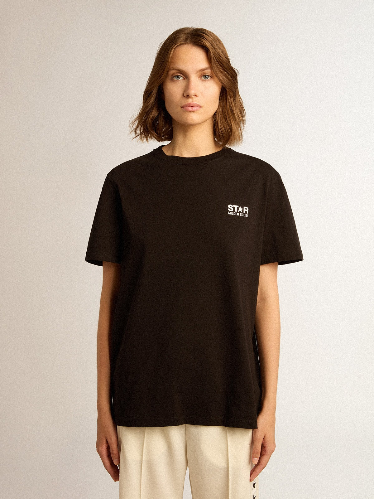 Golden Goose Black Star Collection T-shirt with contrasting white logo and star
