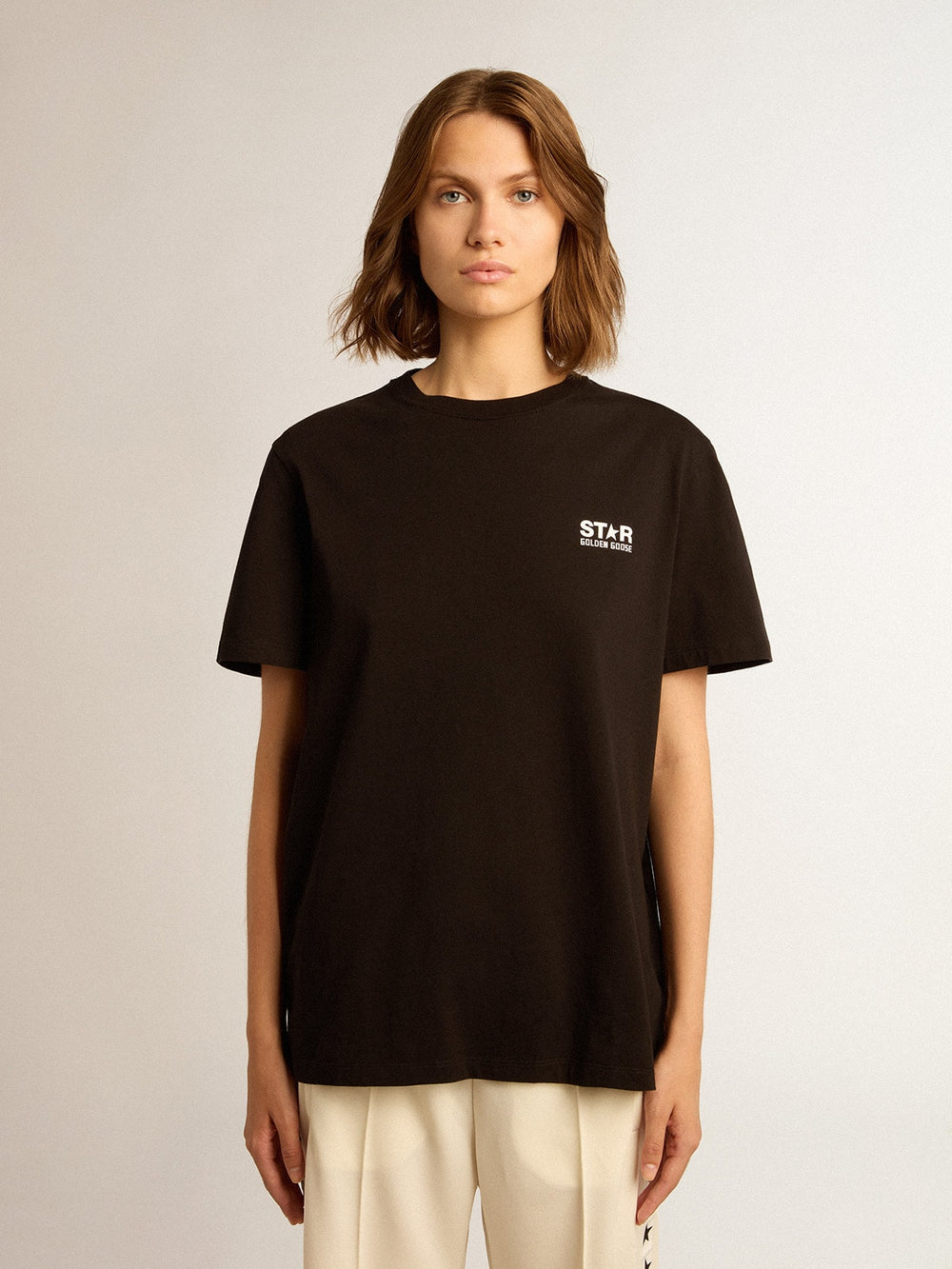 Golden Goose Black Star Collection T-shirt with contrasting white logo and star