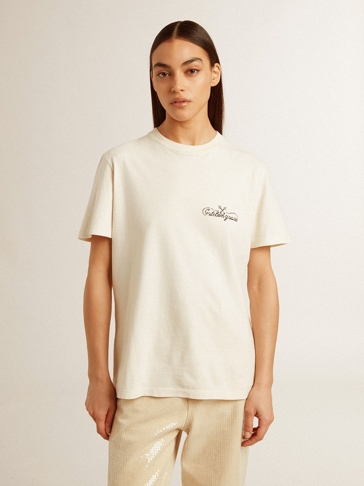 Golden Goose Women’s T-shirt in aged white with logo on the chest