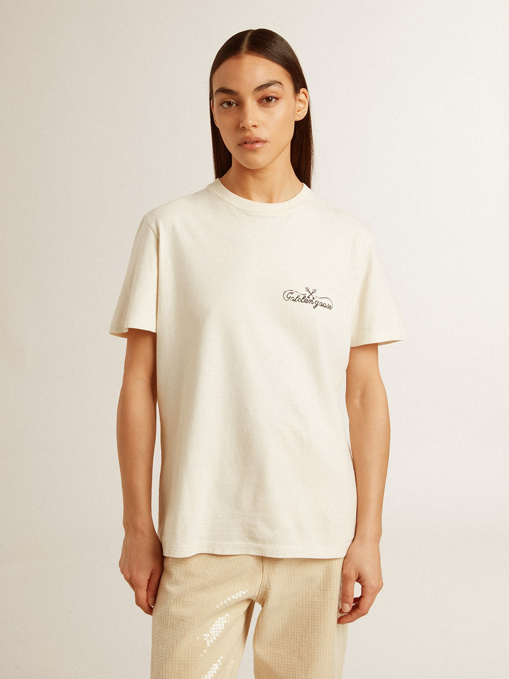 Golden Goose Women’s T-shirt in aged white with logo on the chest