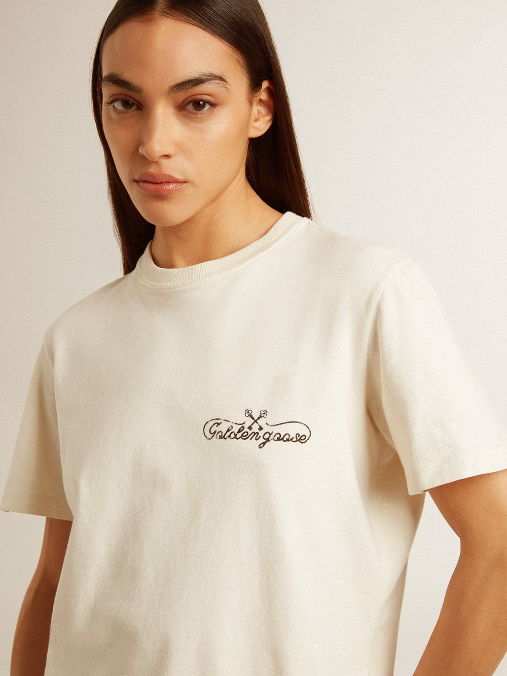 Golden Goose Women’s T-shirt in aged white with logo on the chest