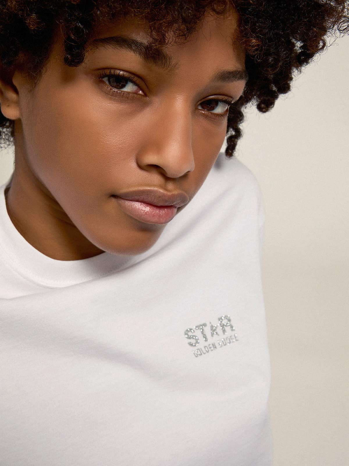 Golden Goose Women's white T-shirt with silver glitter logo and star